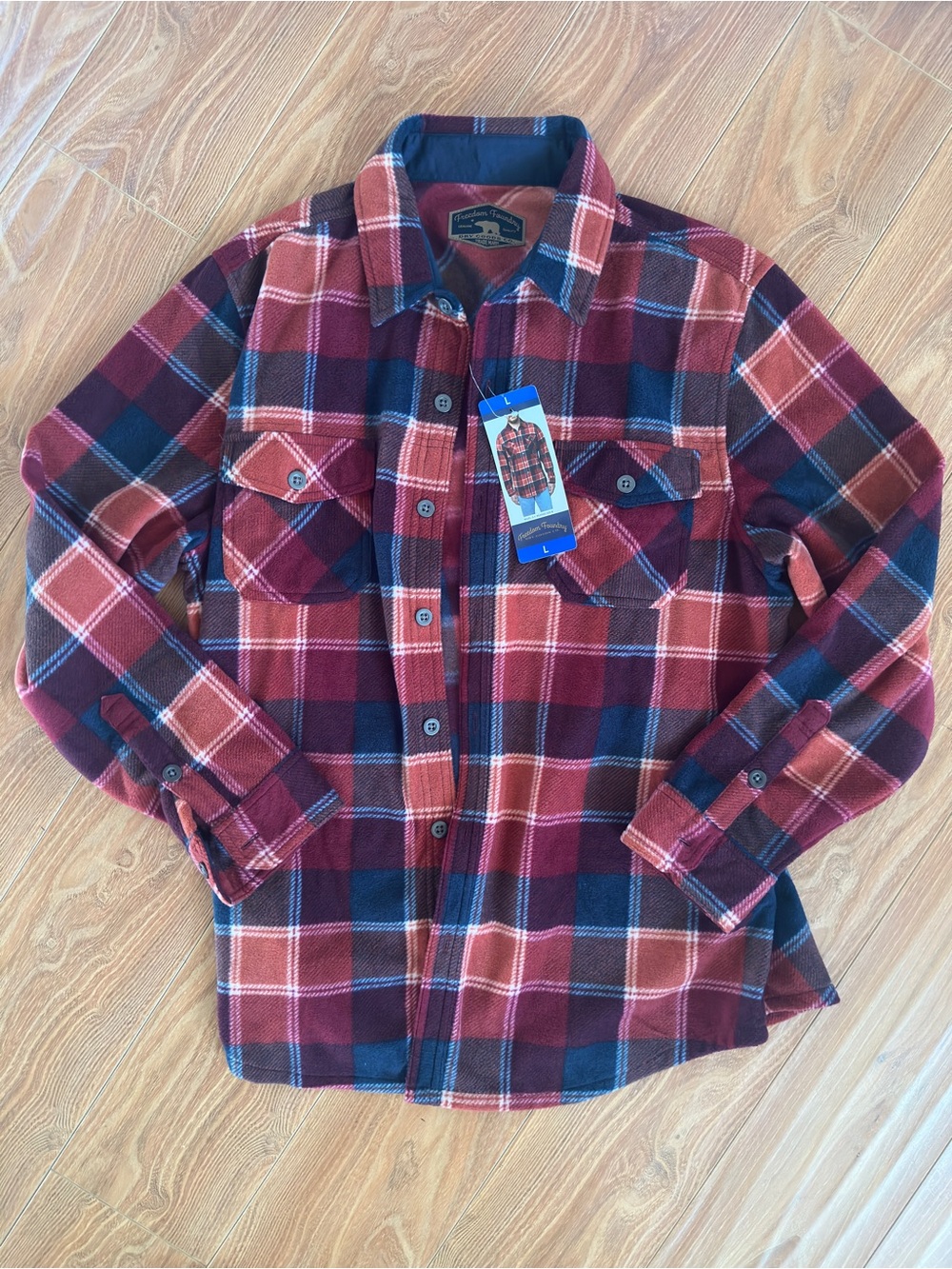 Men’s Red & Navy Plaid Flannel Shirt Warm Winter Large